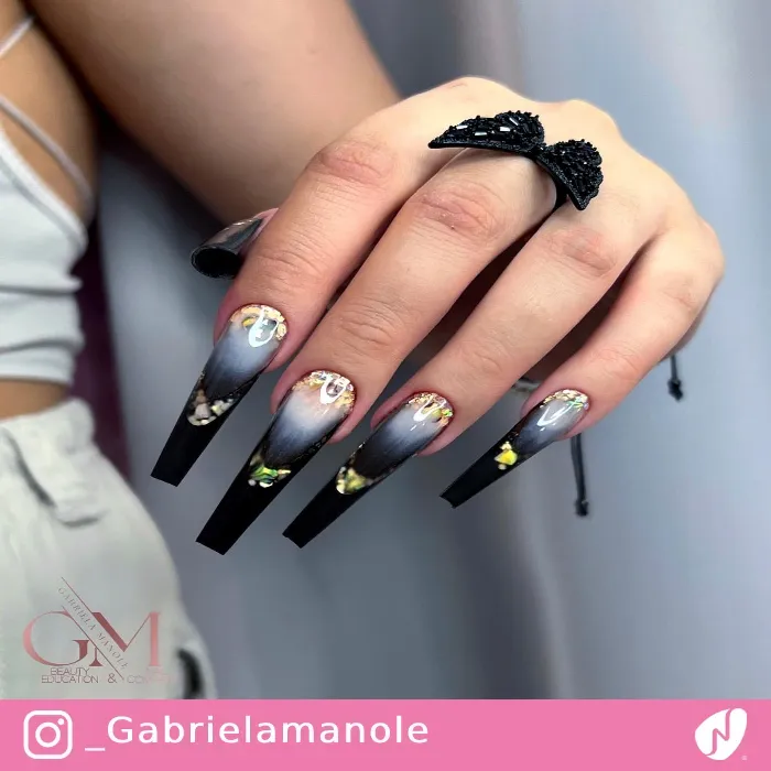 Black Nails with Ombre Glitter Design
